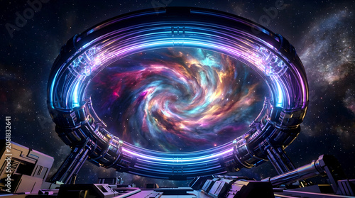 Futuristic sci fi portal ring opening a colorful nebula gateway in deep outer space