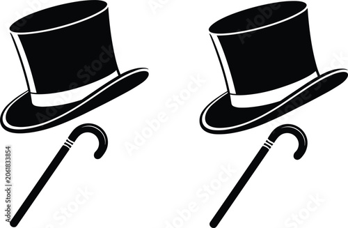 Obraz na płótnie Two Black Silhouettes of Top Hats with Ribbons and Two Cane Sticks on a White Ba