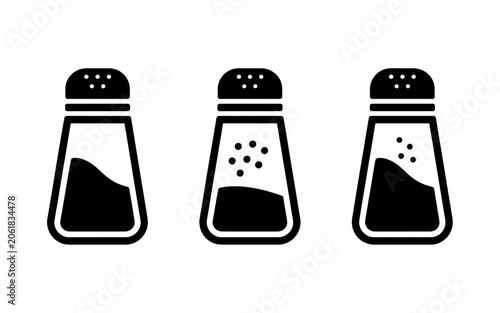 Three simple black and white icons of salt and pepper shakers, representing seasoning and cooking.