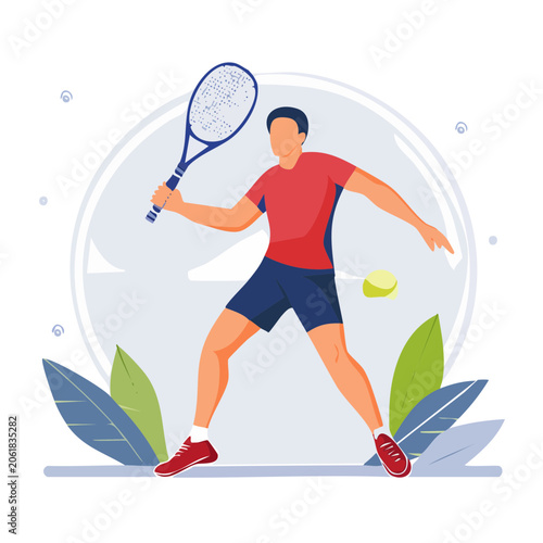 Tennis player in action with racket and ball