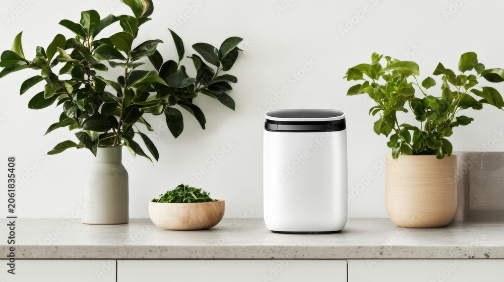 Fototapeta premium Stylish White Storage Container with Fresh Green Plants for Trendy Spaces