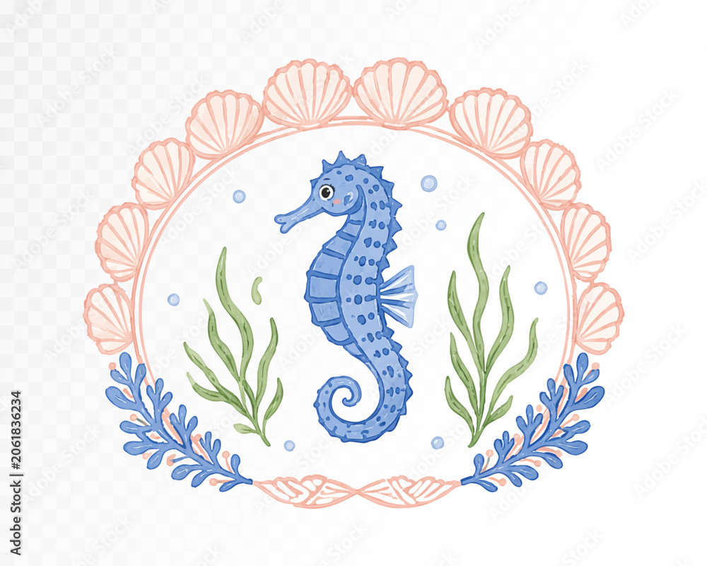 Obraz premium Blue seahorse with pastel shell wreath, seaweed and coral branches, cute coastal nursery clipart on transparent background. Vector illustration.