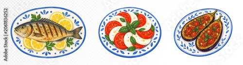 Foto Mediterranean food trio with grilled fish, caprese salad and stuffed eggplant on blue decorative plates, meal set