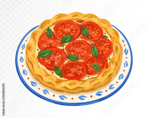 Obraz na plátně Tomato tart with basil on blue decorative plate, rustic summer galette and savory Mediterranean bakery clipart