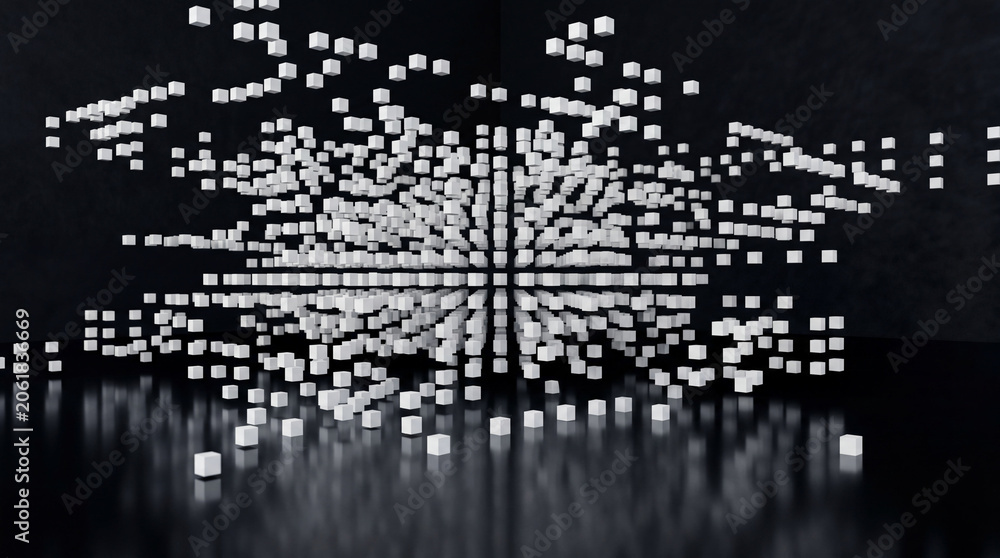 Obraz premium Minimalist Geometric Pattern Composed Of Thousands Of Tiny White 3D Cubes Floating In Space