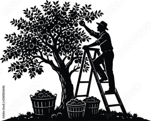 Bild auf Leinwand Apple tree with farmer picking fruit black silhouette on white background
