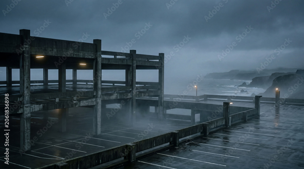 Fototapeta premium An Empty Coastal Parking Deck During An Overcast Misty Twilight Heavy Sea Fog Rolling In