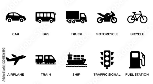 Minimalist black vector graphic illustration set featuring various transportation vehicles and transit infrastructure icons on a clean white background surface