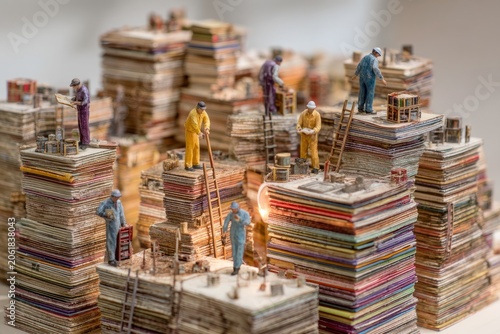 Miniature construction workers building structures on colorful book stacks