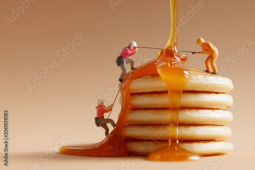 Miniature workers harvesting sweet honey on top of pancake stack