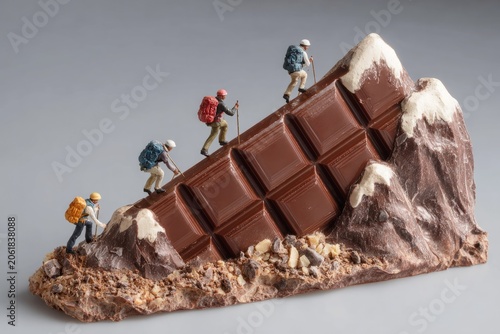 Miniature hikers climbing chocolate bar shaped like snowy mountain peak