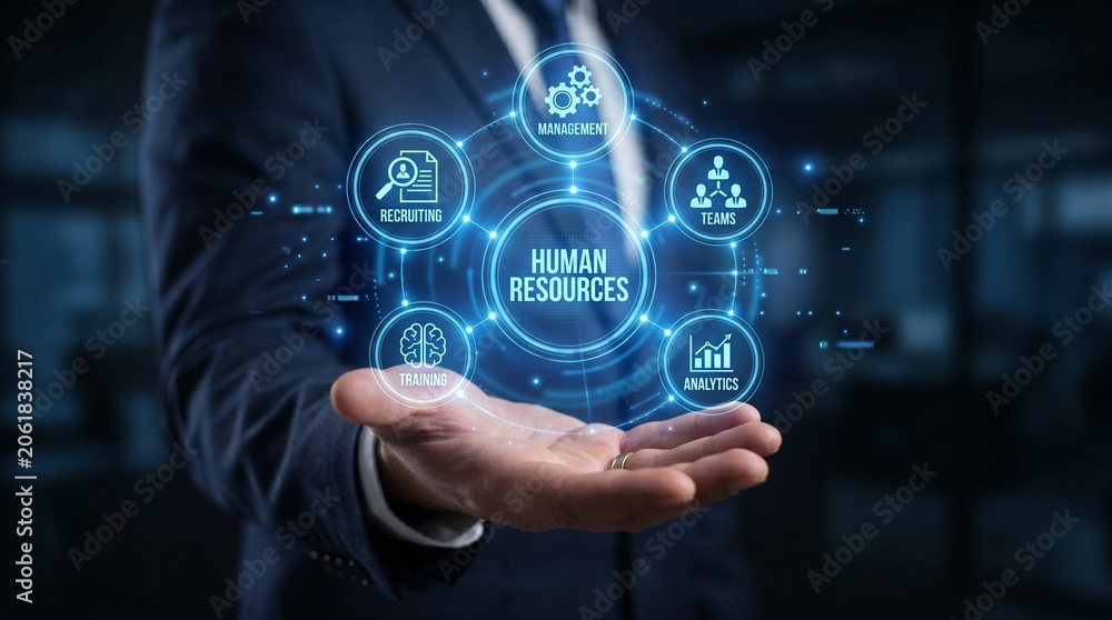 Fototapeta premium Businessman's hand presents glowing human resources digital interface with key