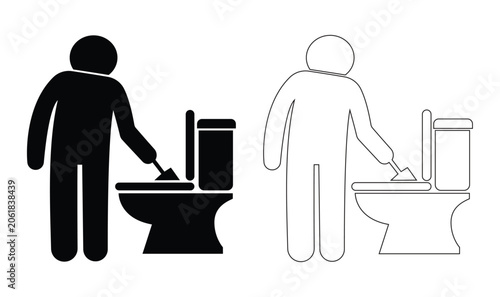 Cuadro en lienzo Black Silhouette of person cleaning toilet with brush  and outline graphic for b