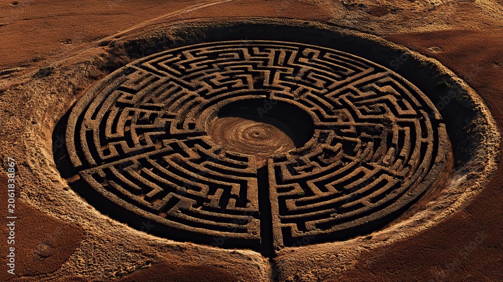 Fototapeta premium High angle aerial view of a large circular stone maze sitting in the middle of a vast dry brown landscape