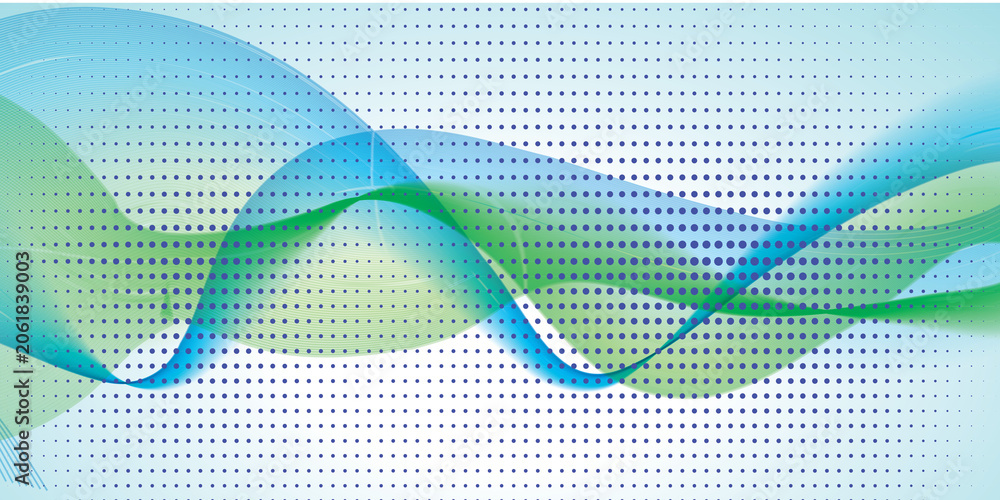 Fototapeta premium Flowing translucent blue, green, and turquoise wave shapes over a light background with a dotted pattern, creating a modern and dynamic visual effect.