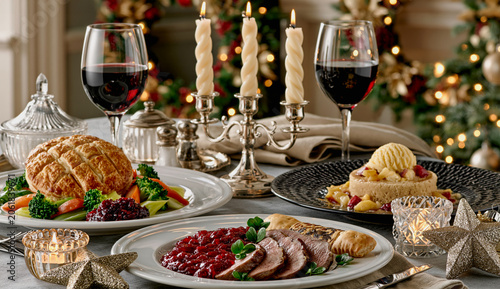 An elegantly set and well-lit table for a festive meal.