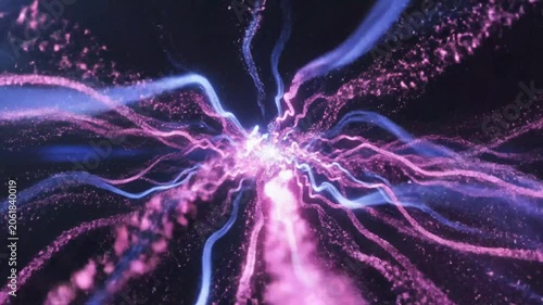 Abstract glowing energy lines with particles spreading on dark background