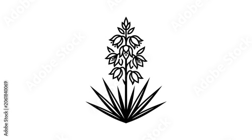 Fotografía Stylized Yucca Plant with Flowering Stalk and Leaves on Isolated White Backgroun