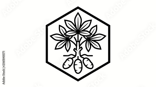 Foto Cassava Plant with Tubers in Hexagonal Emblem Design on Isolated White Backgroun