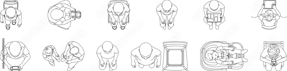 Fototapeta premium Children Waiting Area Activities Top View CAD Figures Sitting, Reading, Waiting and Family Reception Seating – CAD Block Collection