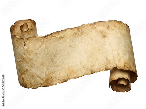 Konstfotografi Vintage parchment scroll with torn edges isolated on transparent background
