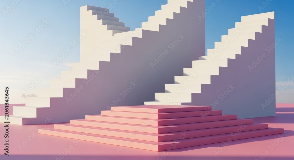 Fototapeta premium Minimalist abstract white and pink geometric staircases.