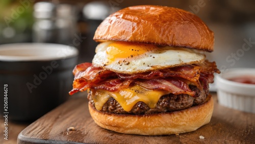 Juicy bacon cheeseburger with melted cheddar, crispy bacon and sunny-side up egg on a toasted brioche bun served on a wooden board