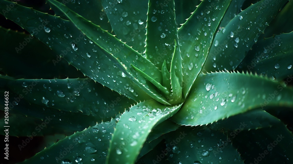 Obraz premium Vibrant green aloe vera plant leaves covered in fresh morning dew drops captured with soft natural lighting in high resolution