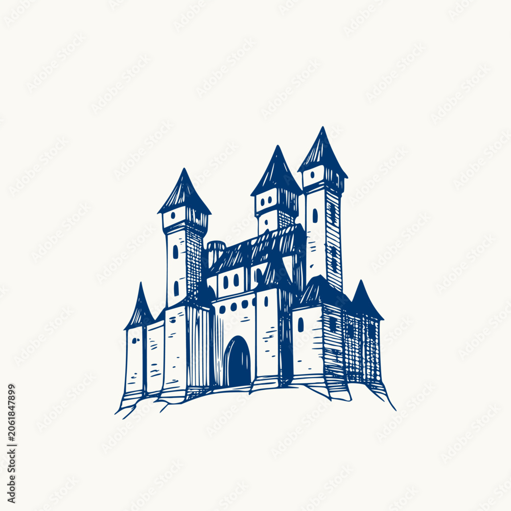 Fototapeta premium Doodle sketch of an old castle. Hand drawn ink blue medieval fortress with towers, and spires for kids book, game or fantasy design. Old kingdom stronghold isolated icon.