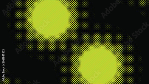 Abstract graphic design featuring bright lime green circles and swirling halftone dot patterns against a solid black background creating a retro pop art or modern tech aesthetic with dynamic visual