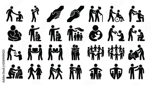 Set of icons representing support, care, charity, and community help