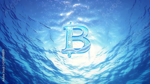 Glimmering 'B' symbol formed by water, submerged in luminous blue ocean depths
