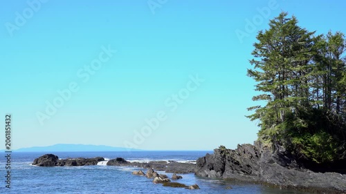 Botany Bay Shoreline Headland Port Renfrew 4K UHD. Botany Bay rocky shoreline in Juan de Fuca Provincial Park near Port Renfrew BC. 4K, UHD.
