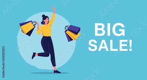 Joyful woman holding shopping bags jumping with excitement for a big sale promotion against a bright blue background.