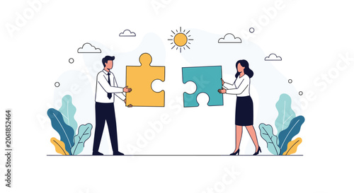 Man and woman in business attire working together to connect giant puzzle pieces representing teamwork and problem solving.