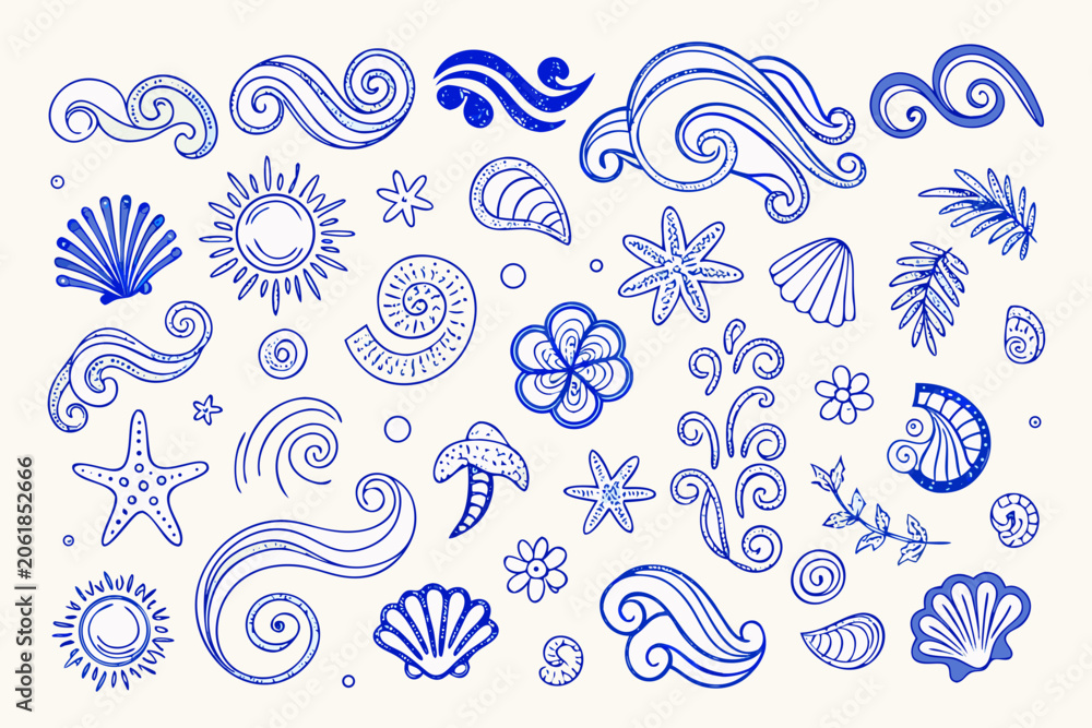 Fototapeta premium Beach And Ocean Line Art Illustration With Shells And Marine Life