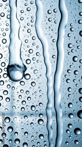 Raindrops on glass with cool blue background texture