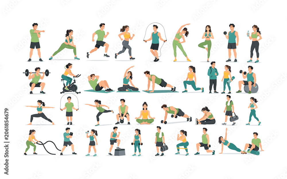 Fototapeta premium Fitness and exercise character set with stretching, running, yoga, training and healthy activity poses, fitness, exercise,