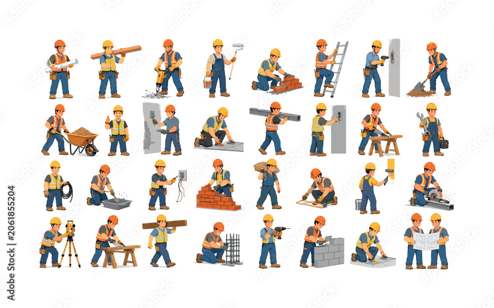 Fototapeta premium Construction occupation character set with workers, tools, helmets, bricklaying and site actions, construction, occupation,