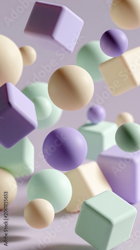 Soft 3D geometric shapes floating in pastel scene