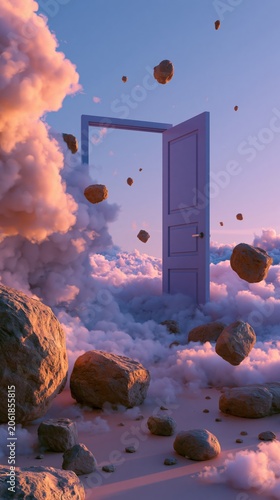 Floating rocks and clouds with open door