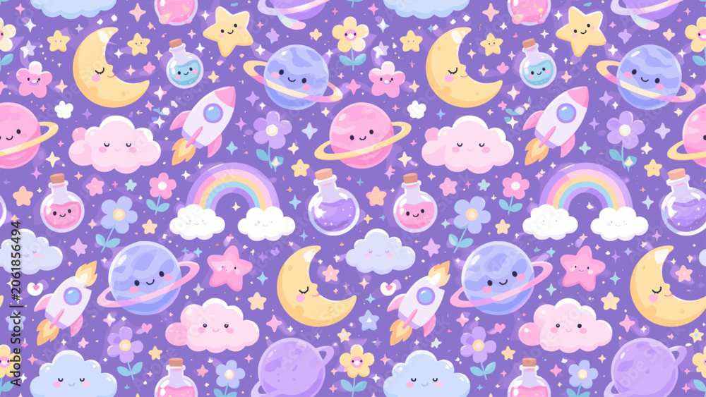 Naklejka premium Pastel moon and star pattern with clouds, planets, flowers, rockets and dreamy fantasy icons, moon, stars, clouds, planets,