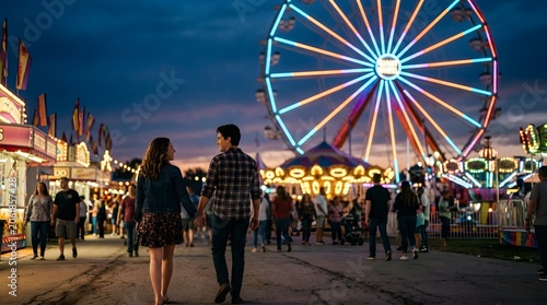 Young couple holding hands walking through a vibrant state fair at twilight with a large illuminated Ferris wheel, carousel, and neon-lit food stalls under a sunset sky.