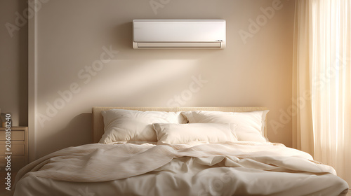 White air conditioner on beige wall above bed in cozy bedroom. Warm sunlight from window. Comfortable home climate control concept