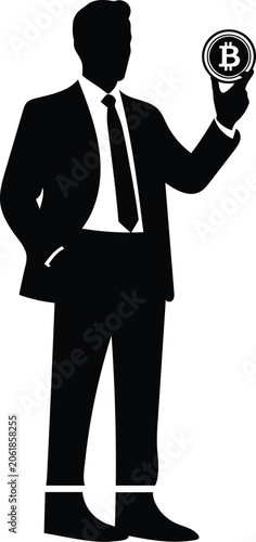 Businessman holding bitcoin coin cryptocurrency investment silhouette vector icon design