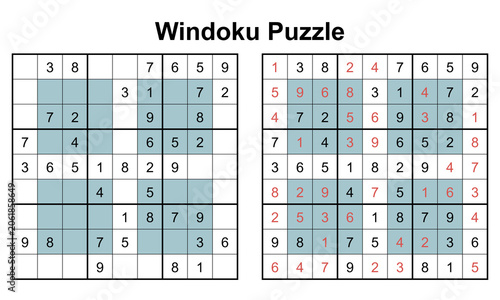 Obraz na płótnie Windoku puzzle game 9x9 hyper sudoku worksheet with blue window regions and answ