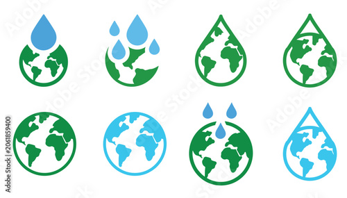 Set of vector icons showing earth globe and water drop symbols for environmental conservation.