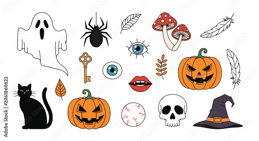 Fototapeta premium Halloween collection features spooky icons including a ghost, spider, black cat, pumpkins, skull, and witch hat.