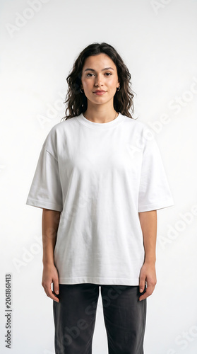 Title:
Young fashion model in heavyweight blank white t-shirt front view premium cotton apparel