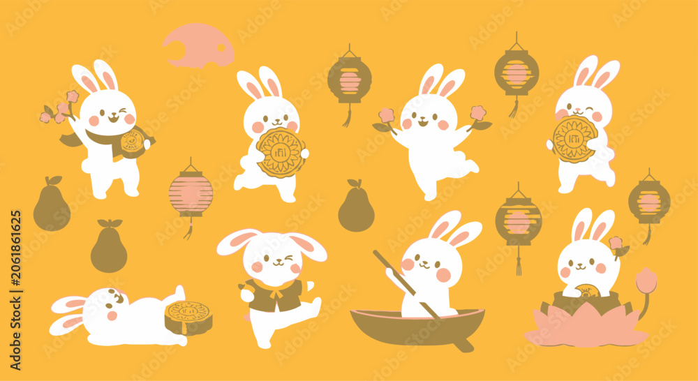 Fototapeta premium Set of adorable rabbits celebrating Mid-Autumn festival with traditional icons on vibrant yellow background vector Mid-Autumn Festival